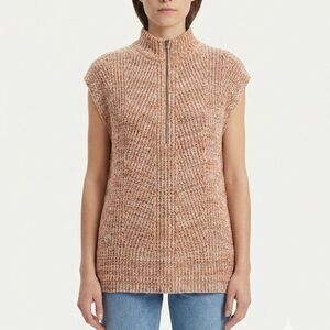 J. Jill Chunky Knit Zip Sweater Tunic S Marled Orange Tan Mock Neck Sleeveless